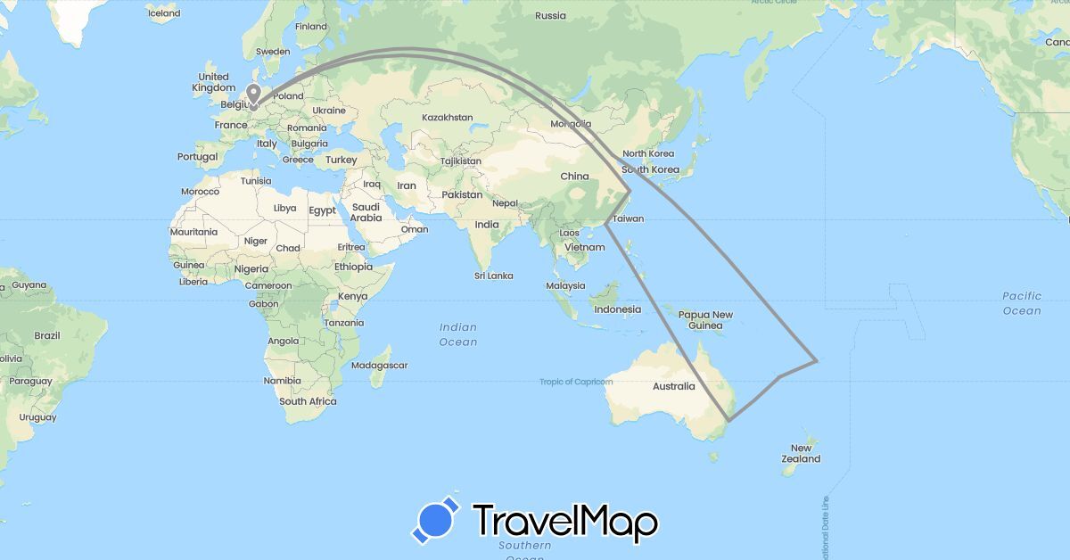 TravelMap itinerary: driving, plane in Australia, China, Germany, Fiji, France (Asia, Europe, Oceania)